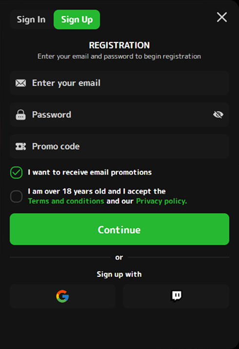 registration Registreringsskjema med e-post passord og promokode